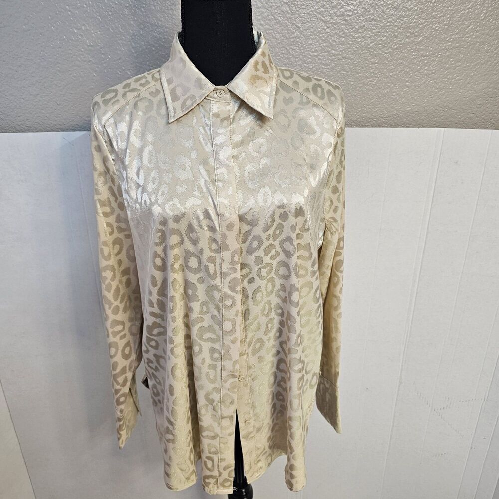 Womens Acoa Gold Button Down Blouse Sz Large Long Sleeve Chic Preppy Casual Q318